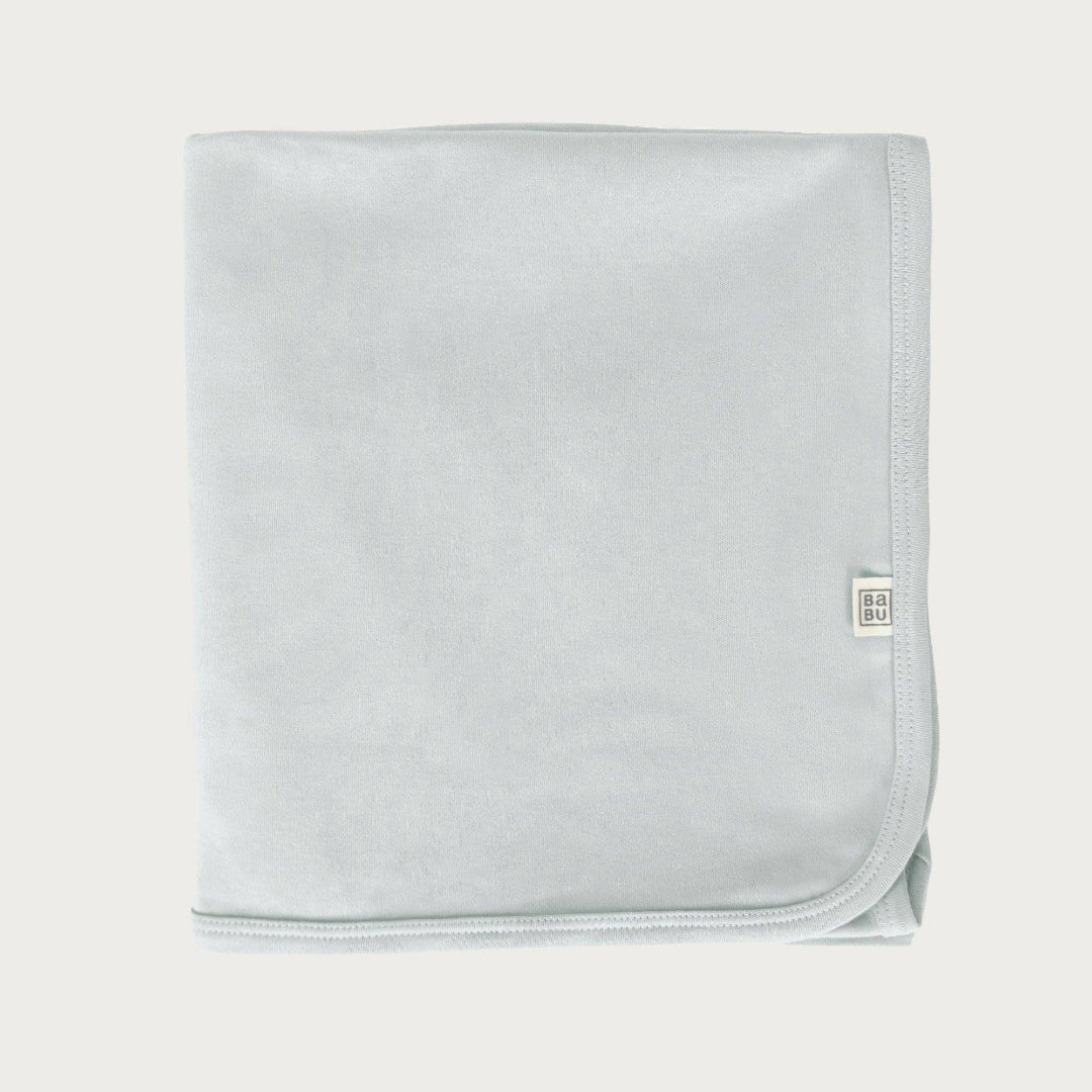 Light Sky blue baby blanket with babu brand logo on a white background