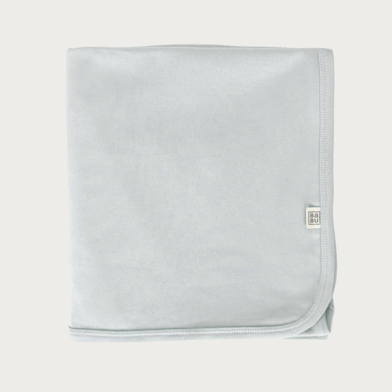 Light Sky blue baby blanket with babu brand logo on a white background