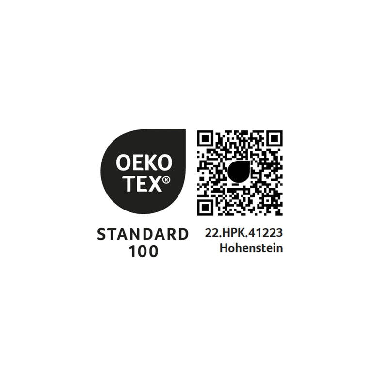 OEKO-TEX Standard 100 logo with a QR code on a white background