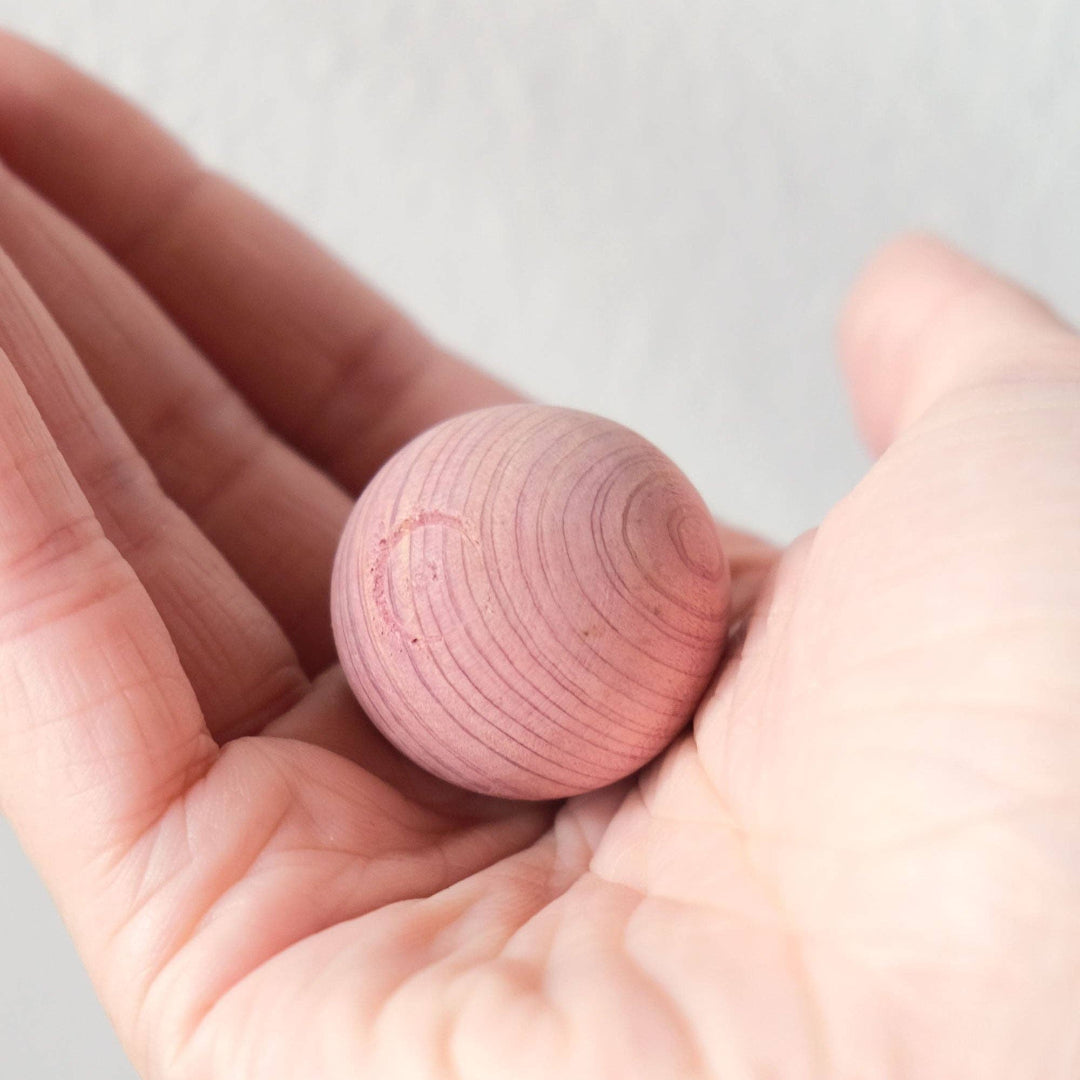 Hand holding a wooden cedar moth ball against a light grey background