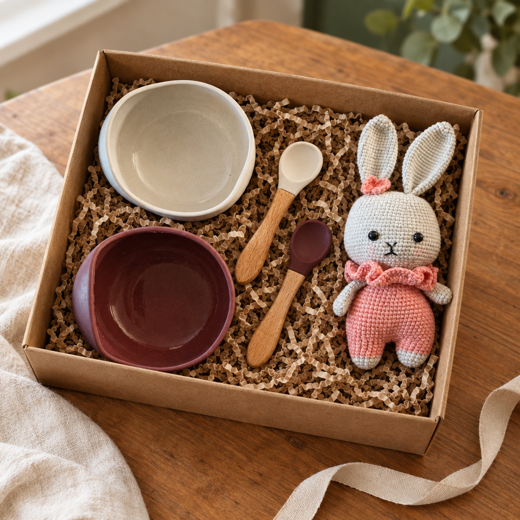 A set of baby feeding products including a white silicone bowl, a red silicone bowl, a white silicone spoon, a brown wooden spoon, and a plush toy in the shape of a rabbit.