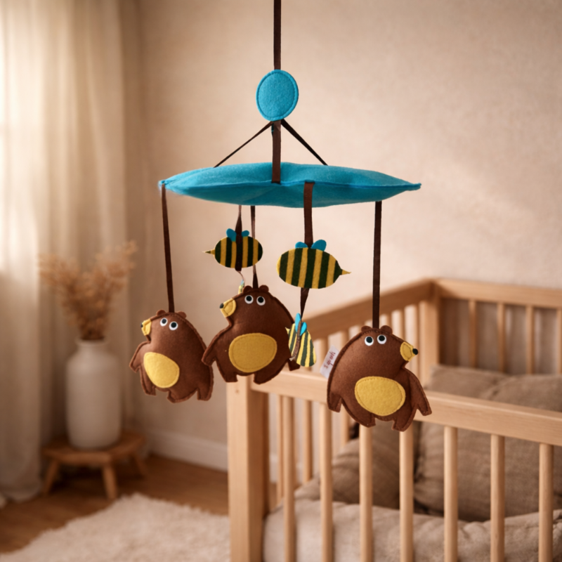 Baby crib mobile with brown bears and yellow bees hanging over a crib in a nursery.