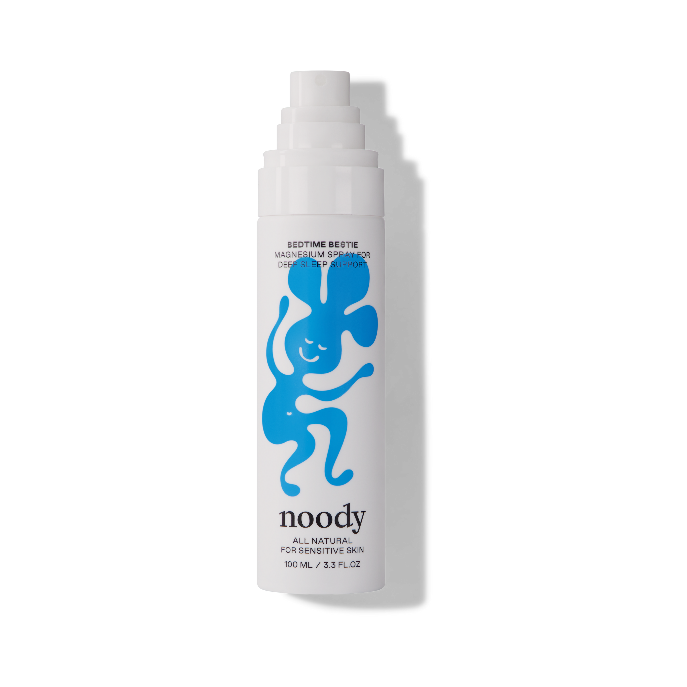 Noody spray bottle with blue design on a white background