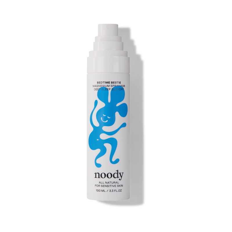 Noody spray bottle with blue design on a white background