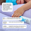 Child lying down with a bottle of Nooddy product, surrounded by product reviews.