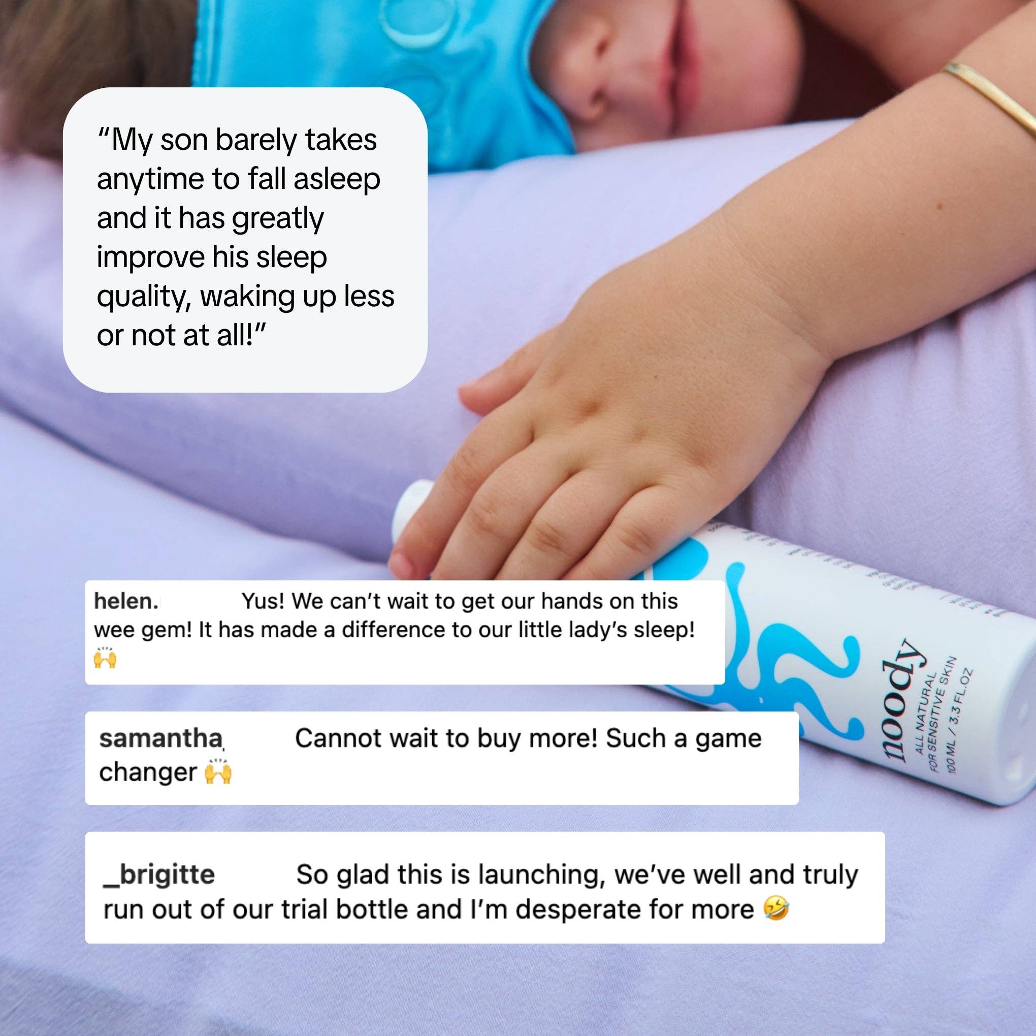 Child lying down with a bottle of Nooddy product, surrounded by product reviews.