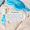 Sleep mask and bottle of Noody magnesium product on striped fabric with text about magnesium benefits.