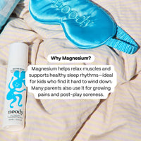Sleep mask and bottle of Noody magnesium product on striped fabric with text about magnesium benefits.