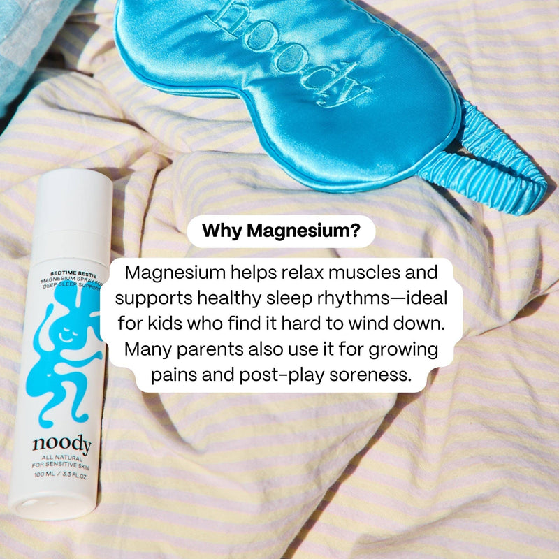 Sleep mask and bottle of Noody magnesium product on striped fabric with text about magnesium benefits.