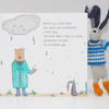 Illustrated book page with a bear character and a crocheted rabbit toy on a light gray background.