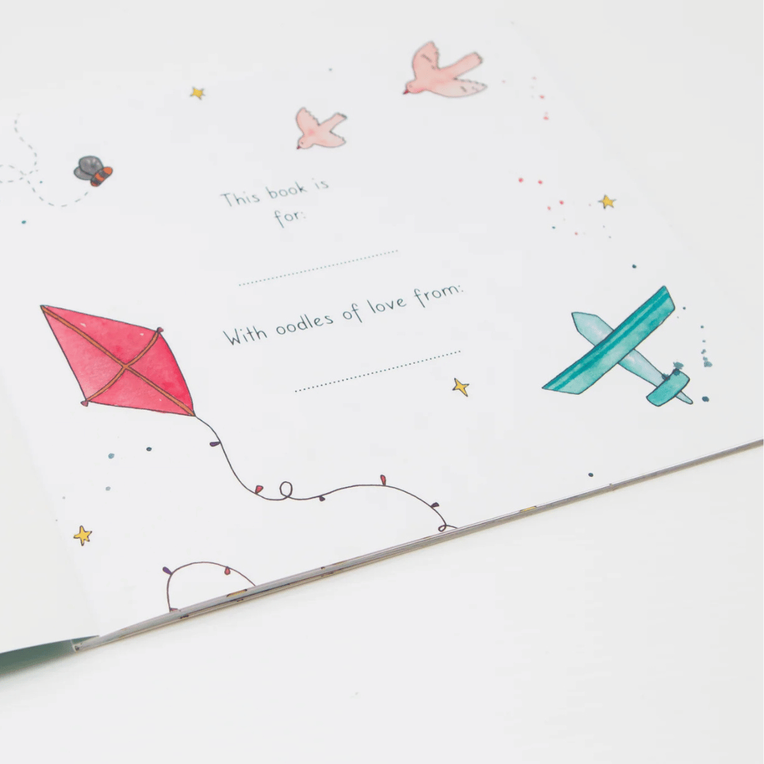 Personalized book cover with a pink kite, blue airplane, and birds on a white background.
