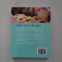 Back cover of a cookbook with dessert images and text on a gray background