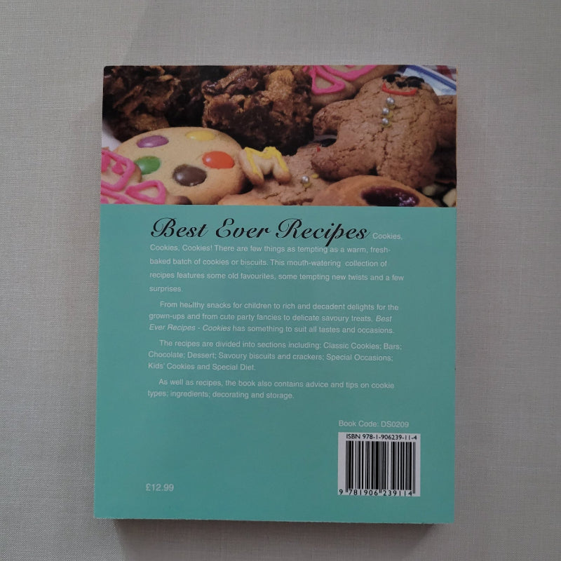 Back cover of a cookbook with dessert images and text on a gray background