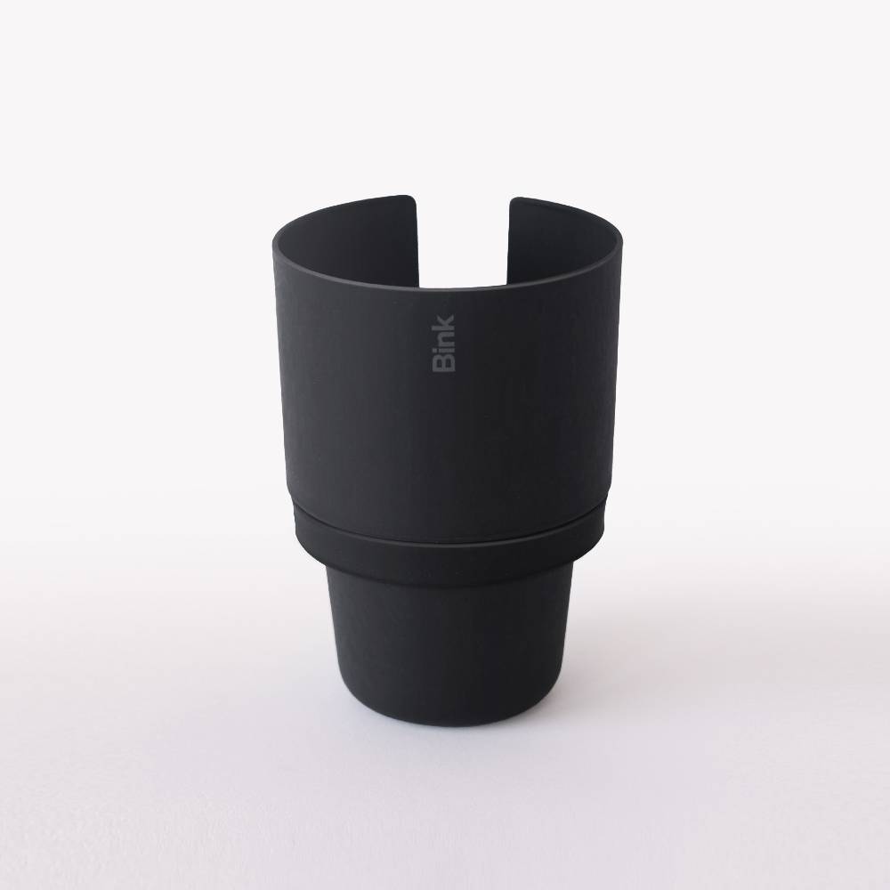 Charcoal reusable car cup holder with 'Bink' branding on a white background