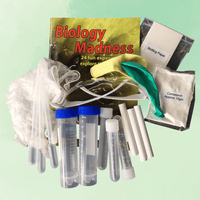 Biology Madness kit with test tubes, blotting paper, and other supplies on a light green background