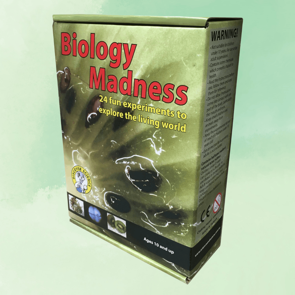 Box of 'Biology Madness' science kit with text and graphics on a light green background