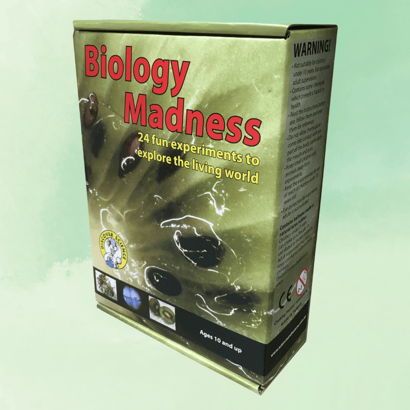 Box of 'Biology Madness' science kit with text and graphics on a light green background