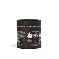 Black cardboard container with white text and icons on a white background