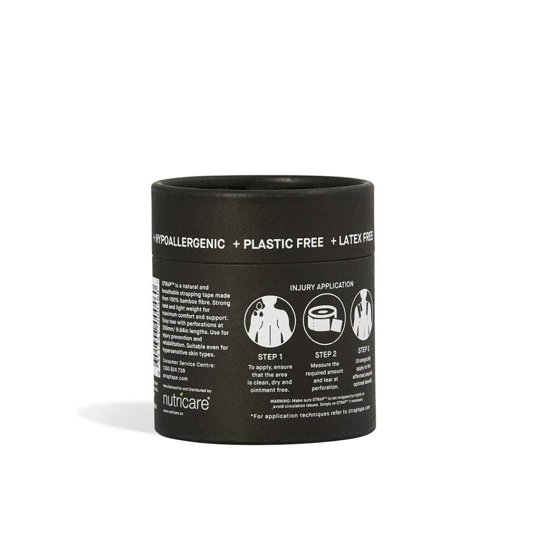 Black cardboard container with white text and icons on a white background