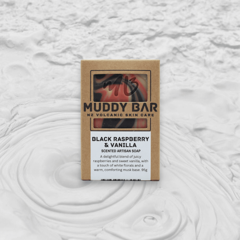 Muddy Bar NZ Volcanic Skin Care soap packaging on a textured white background