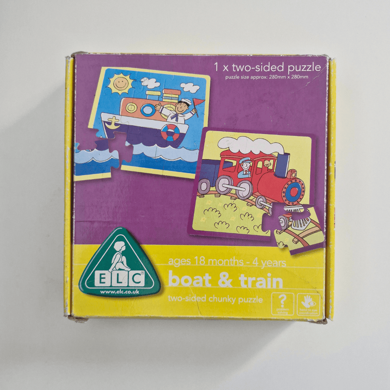 Two-sided puzzle packaging for 'Boat & Train' by ELC on a white background