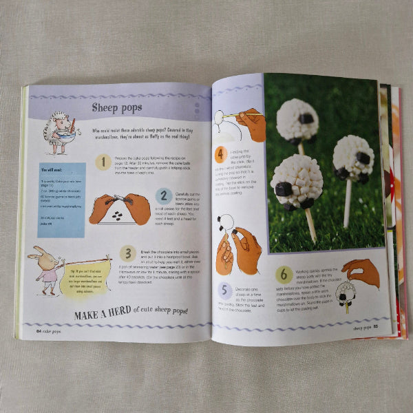 Open book with instructions on making sheep pops, showing illustrations and text.