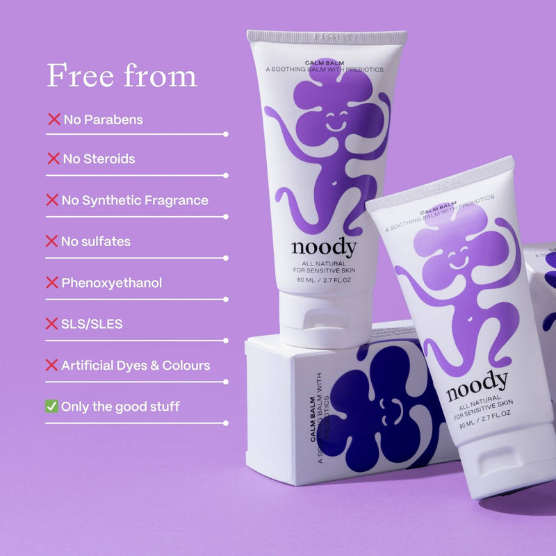 Noody skincare products on a purple background with ingredient information.