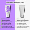 Comparison chart of Calm Balm and Steroid Cream with features listed on a purple and white background.