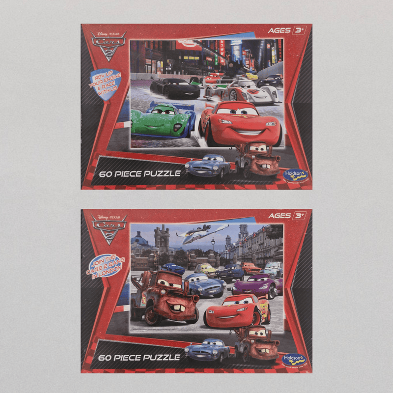 Two Disney Cars puzzles with colorful cars on a gray background