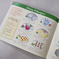 Children's recipe book page for 'Cheesy Pieburgers' with step-by-step illustrations and text.