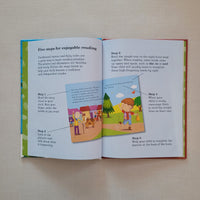 Open book with parent educational content on a beige background