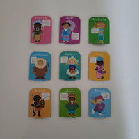A set of nine small educational cards arranged in a 3-by-3 grid on a plain light background. Each card shows a different country name and a cartoon illustration of people wearing traditional clothing.