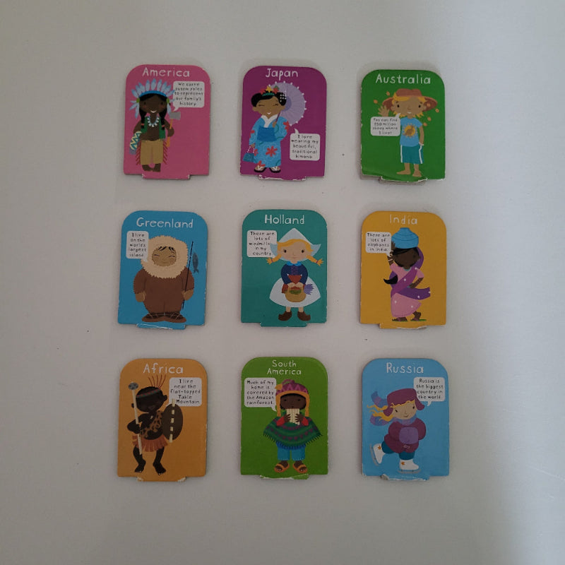 A set of nine small educational cards arranged in a 3-by-3 grid on a plain light background. Each card shows a different country name and a cartoon illustration of people wearing traditional clothing.