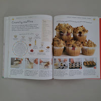 Open cookbook showing a recipe for crunchy muffins with images and text.