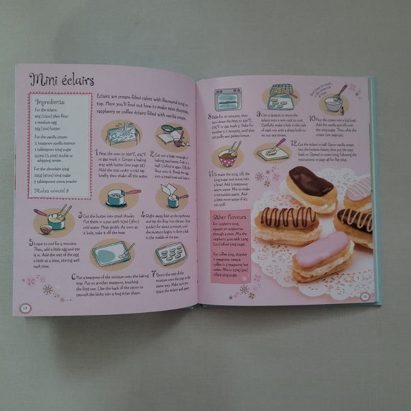 Open book with illustrations of mini eclairs and text on a pink background