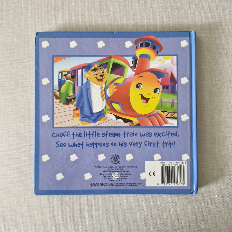 Children's book back cover with a colourful illustration of a steam train on a textured beige background