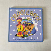 Children's book titled 'Choo! Choo!' with colourful illustrations on a light gray background