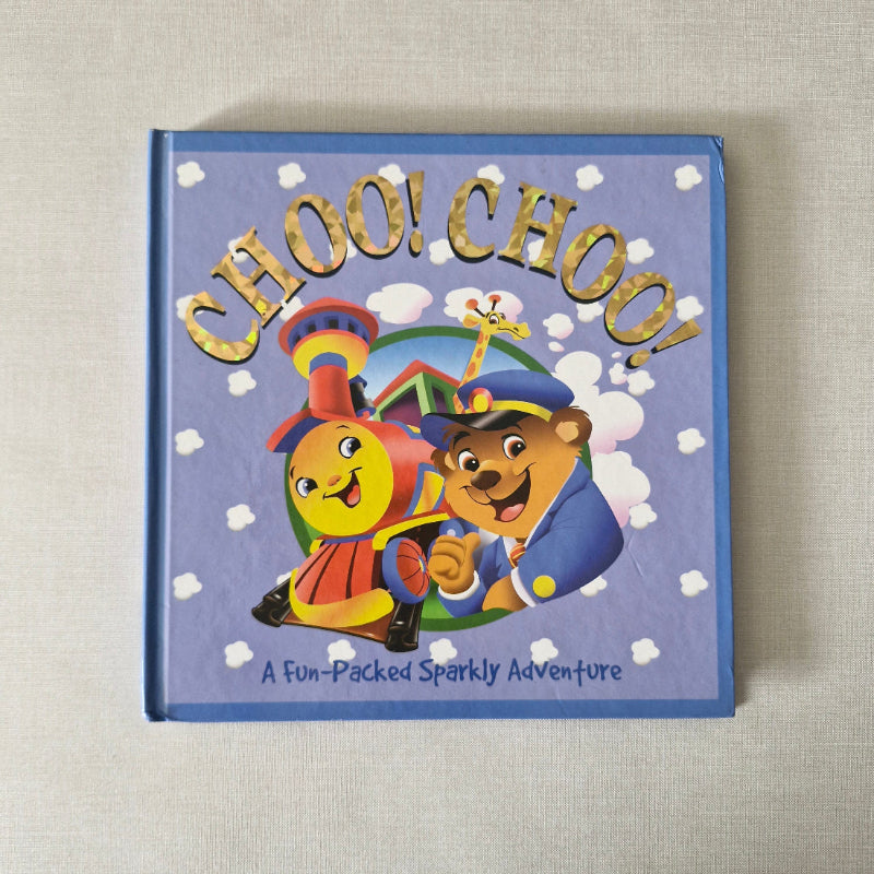 Children's book titled 'Choo! Choo!' with colourful illustrations on a light gray background