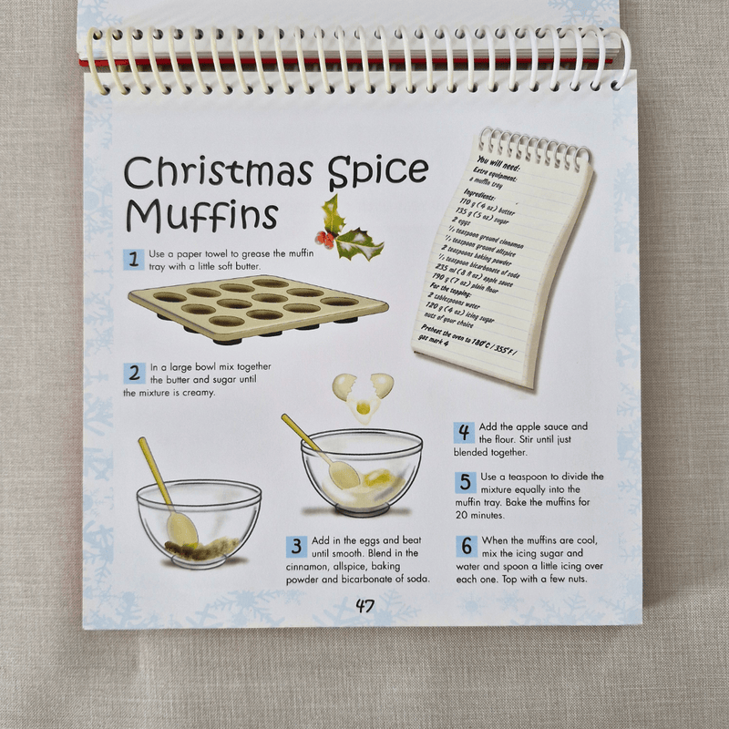 Recipe card for Christmas Spice Muffins with illustrations and text on a textured surface