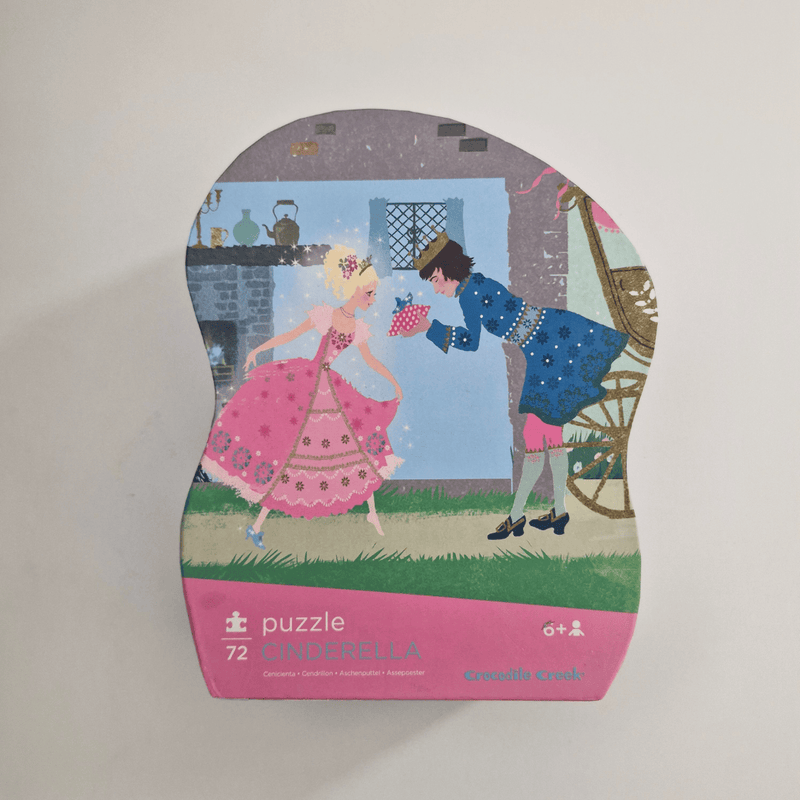 Cinderella puzzle box with illustration of Cinderella and Prince Charming on a white background