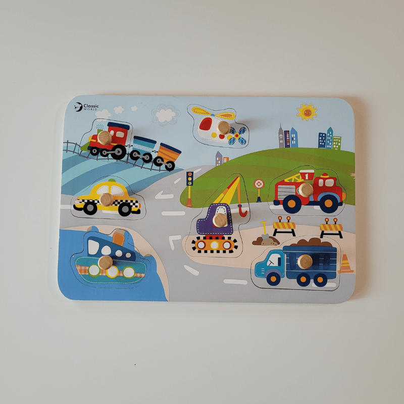 Children's puzzle with toy vehicles on a light gray background