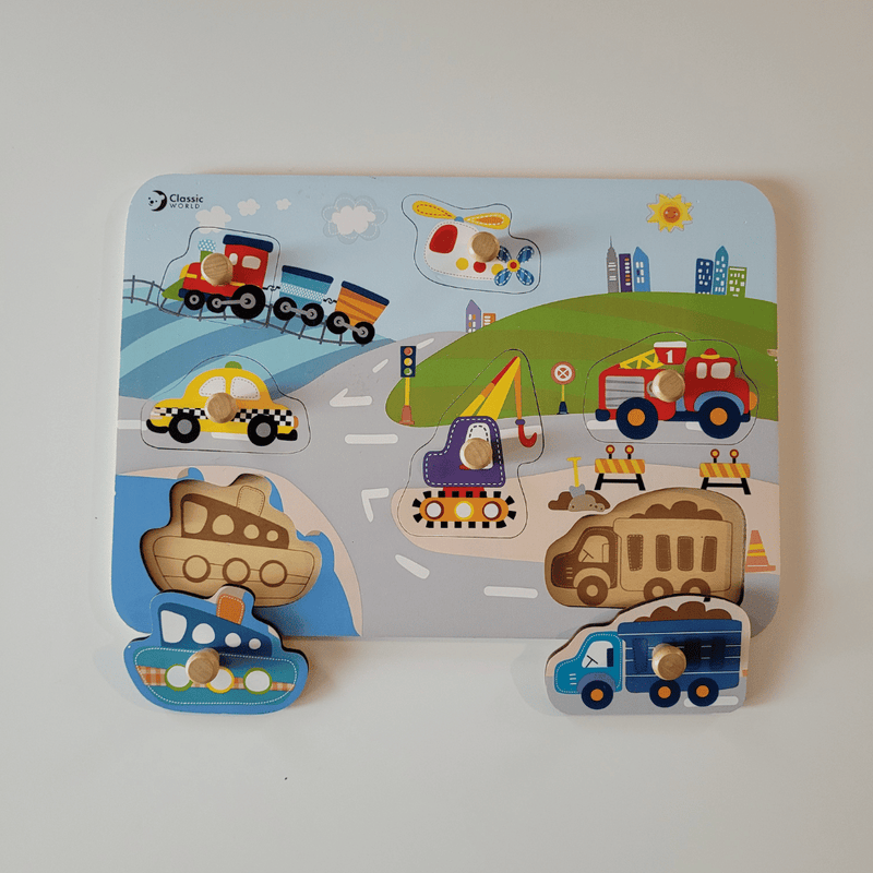 Wooden toy puzzle with vehicles on a colorful background