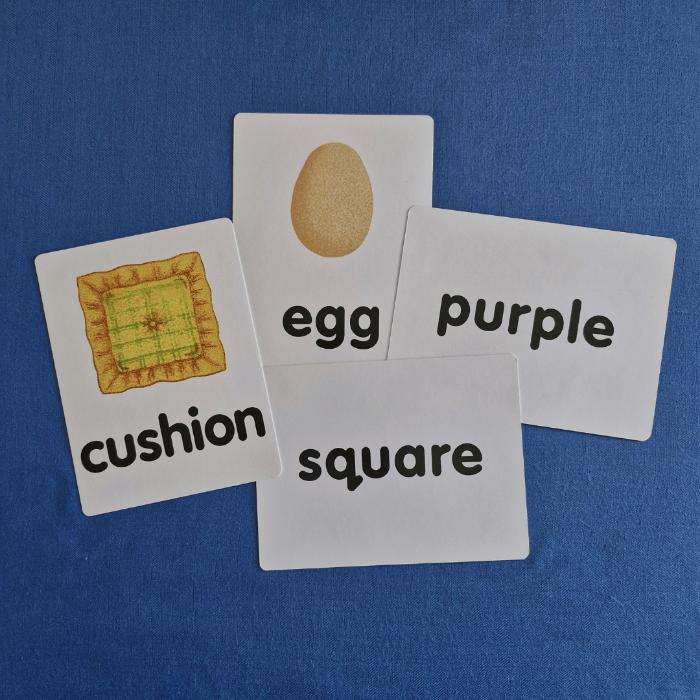 Educational flashcards with images and words on a blue background