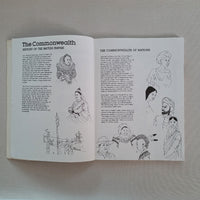 Open book with illustrations and text abouth the Commonwealth on a plain background