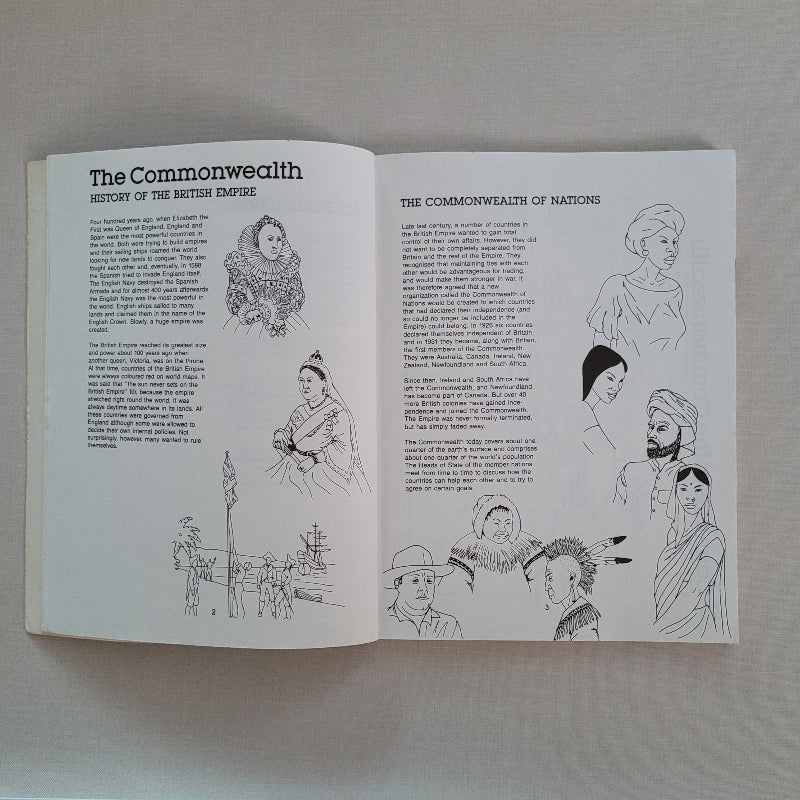 Open book with illustrations and text abouth the Commonwealth on a plain background