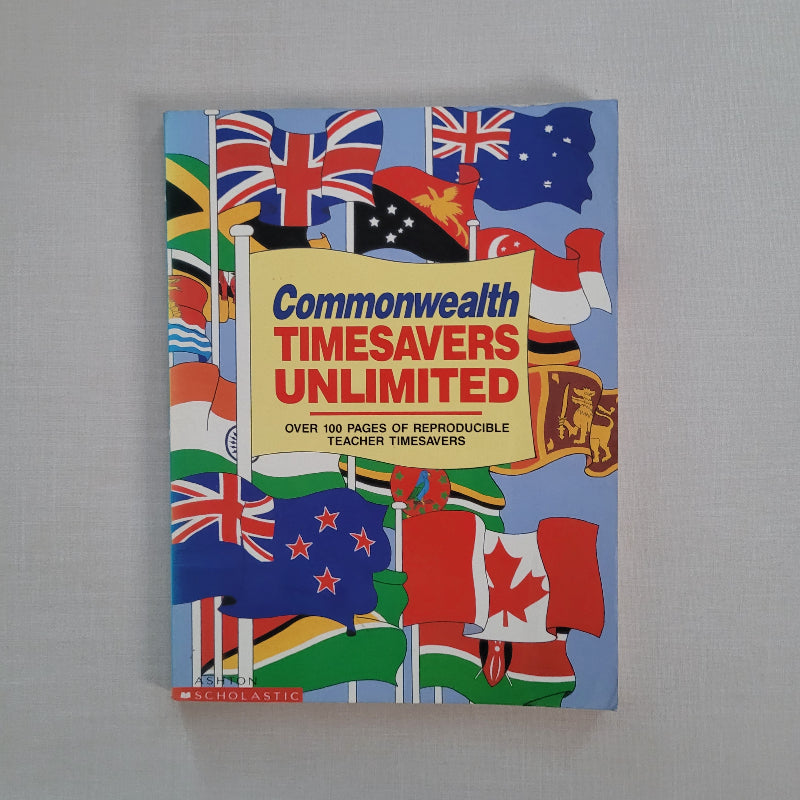 Book cover with colourful flags and 'Commonwealth Timesavers Unlimited' text on a gray background