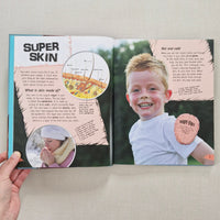 Open book with image of a child, close up of skin layer with hair follicles and text talking about our skin