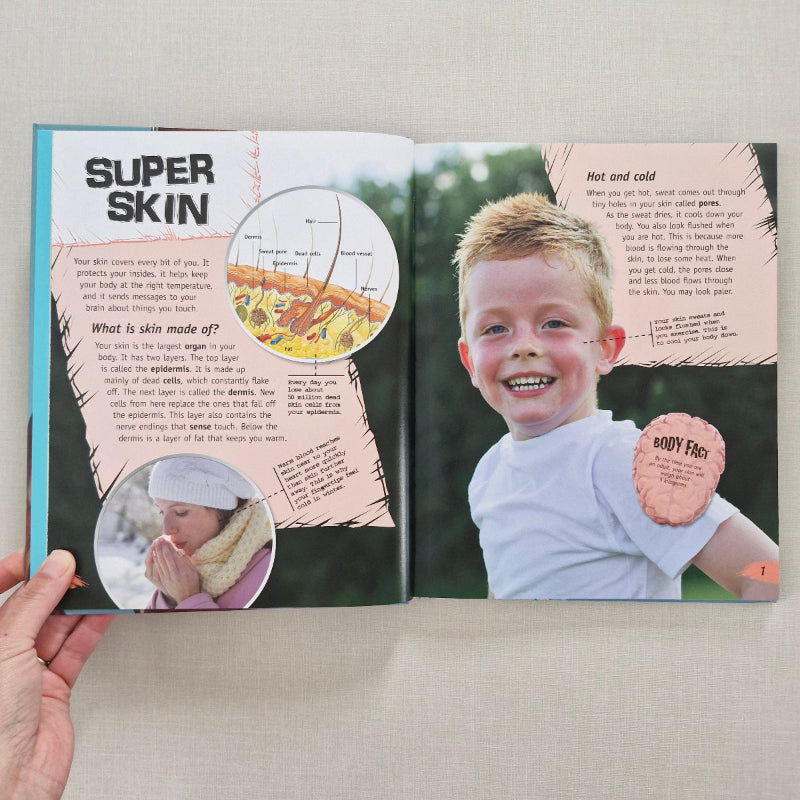 Open book with image of a child, close up of skin layer with hair follicles and text talking about our skin