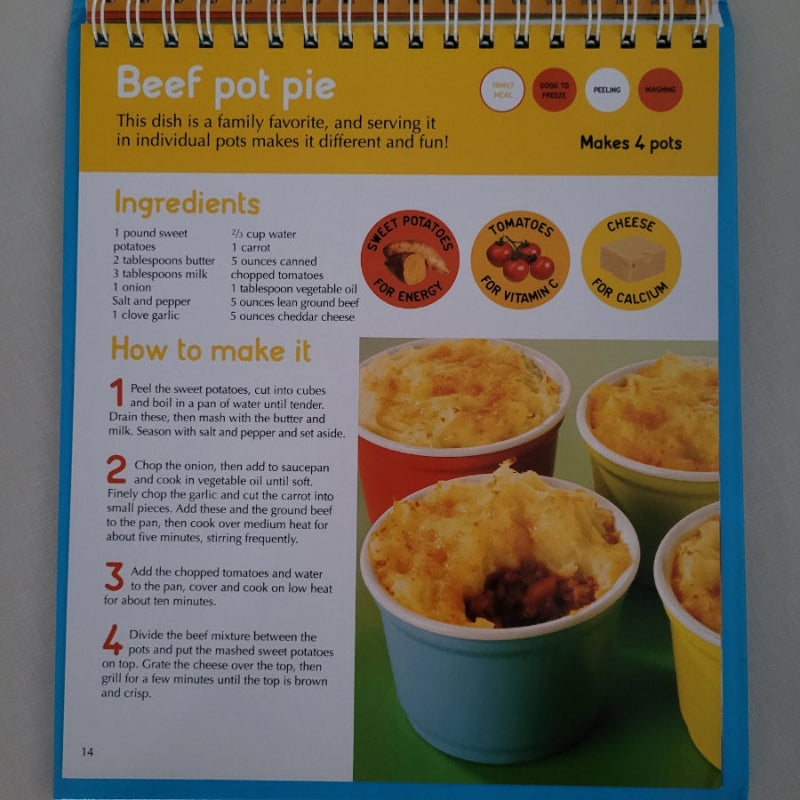 Recipe book page for beef pot pie with images and text.