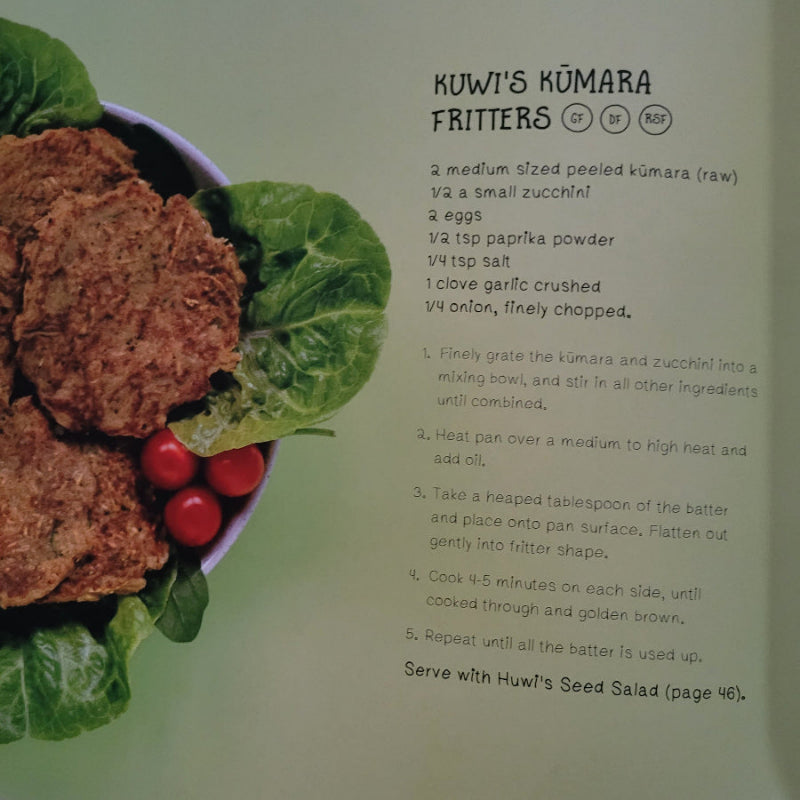Kuwi's Kumara fritters with a recipe on a green background